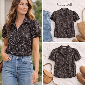 Madewell 100% Silk Floral Top Puff Sleeve Button Front Blouse S